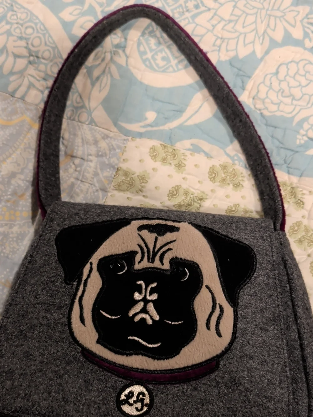 Lulu Guinness Gray Felt Tote with Pug Applique and Purple Trim